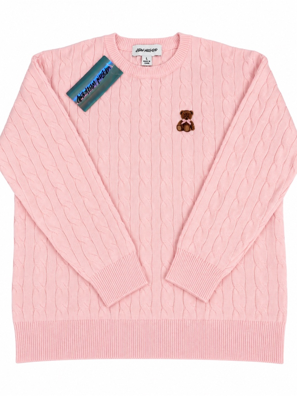 Urban Weekend Pink Cable Knit Teddy Bear Sweater Size L NWT